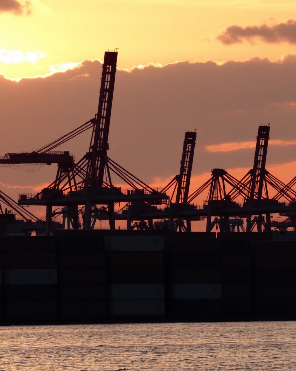 Porto com contêineres ao pôr do sol